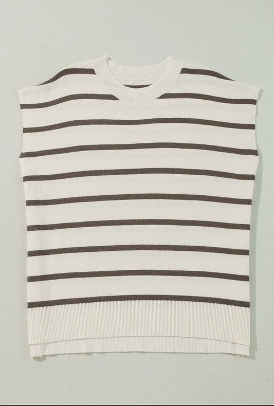 Lovesoft Brown Stripe Side Slits Short Sleeve Sweater Tee