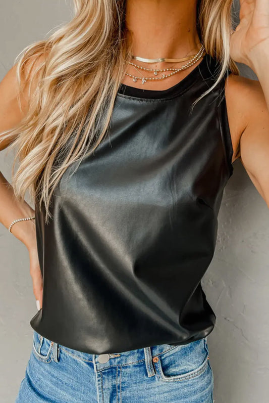 Lovesoft Black Faux Leather Crew Neck Tank Top