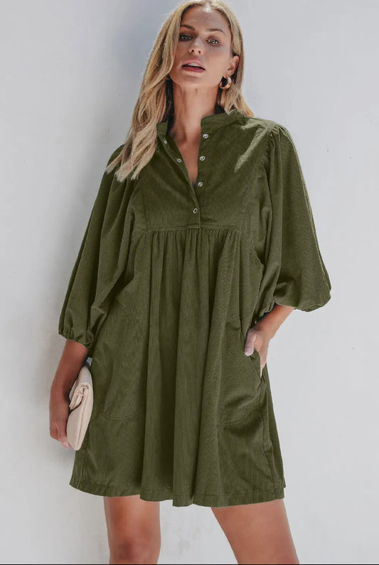 Lovesoft Vineyard Green Corduroy Snap Buttons Empire Waist Bracelet Sleeve Dress