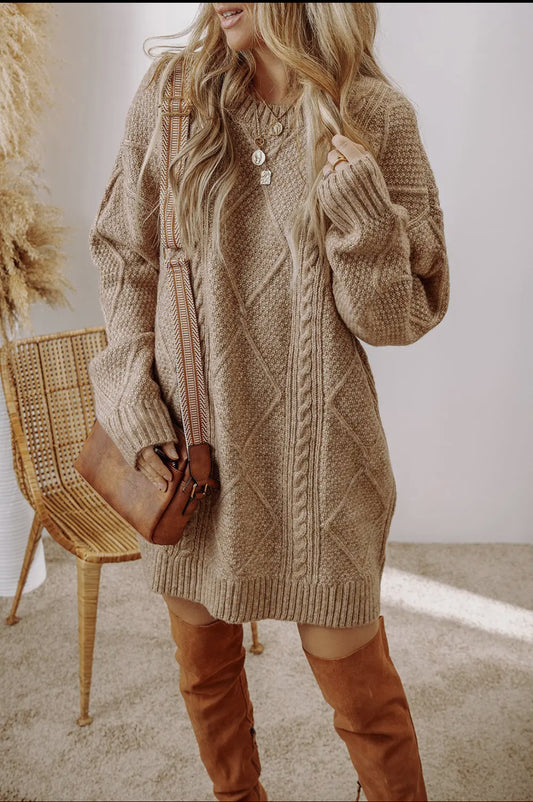 Lovesoft Coffee Parchment Cable Knit Drop Shoulder Loose Fit Sweater Dress