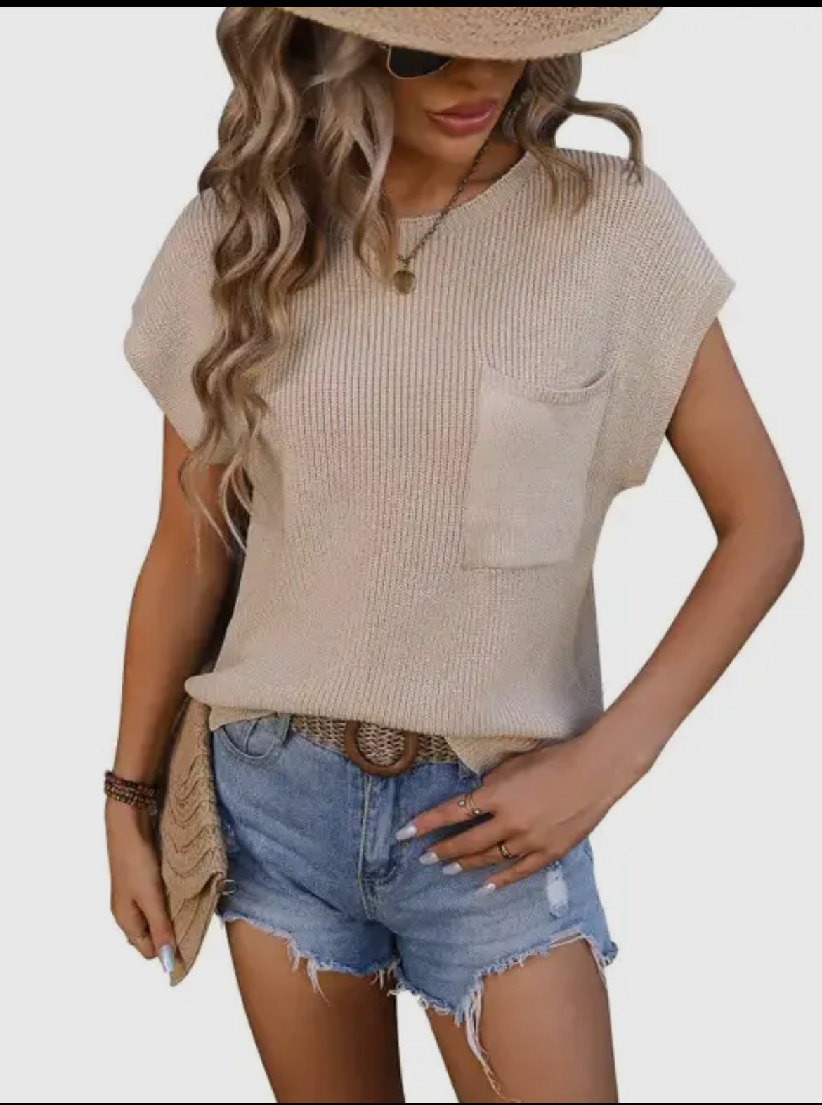 Lovesoft Apricot Crewneck Pocket Trim Top Short-Sleeved Sweater